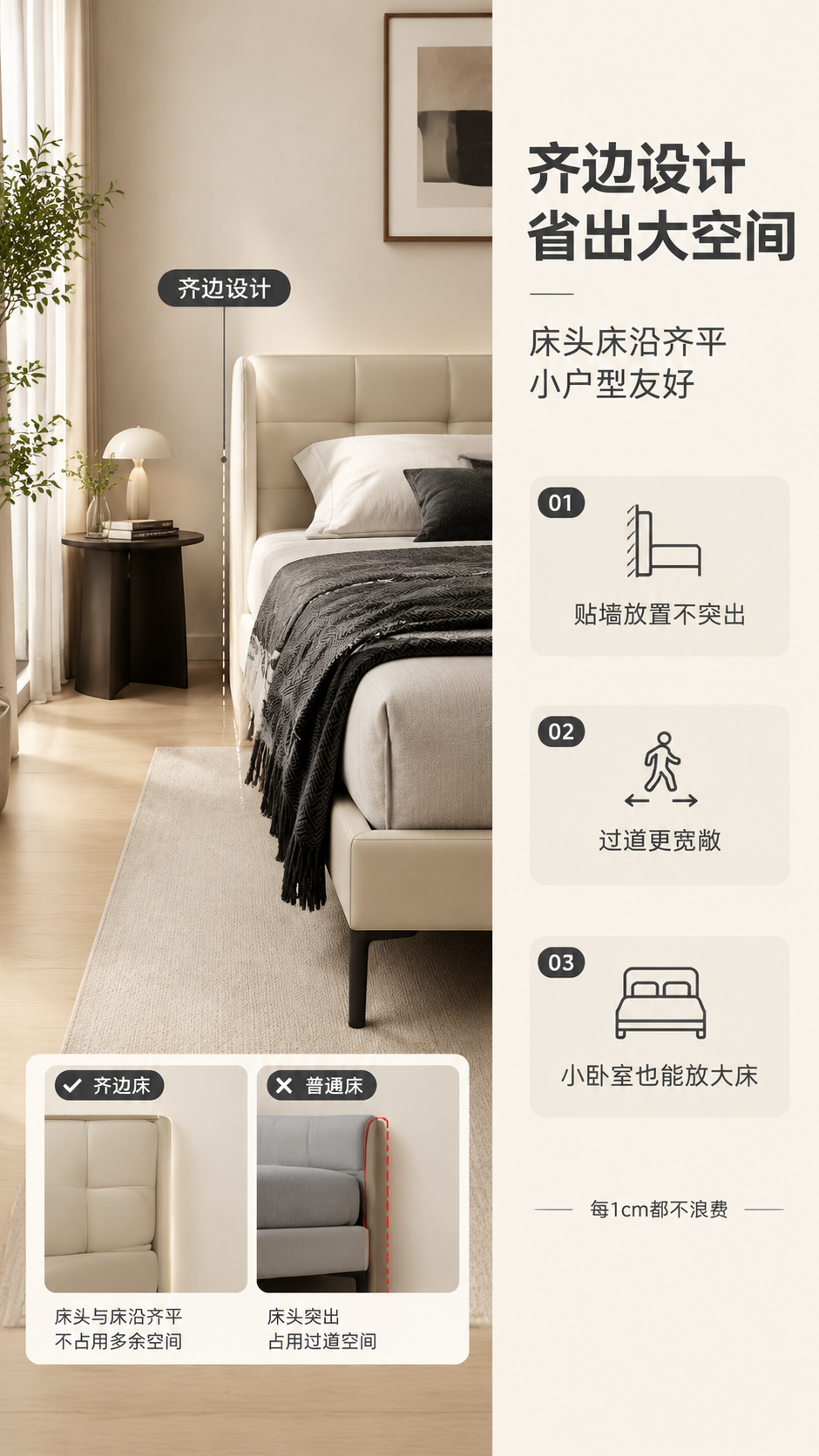 [商品] 使用【图1】意式极简高脚齐边床；保留米白色软包床头、… - 图片创意预览