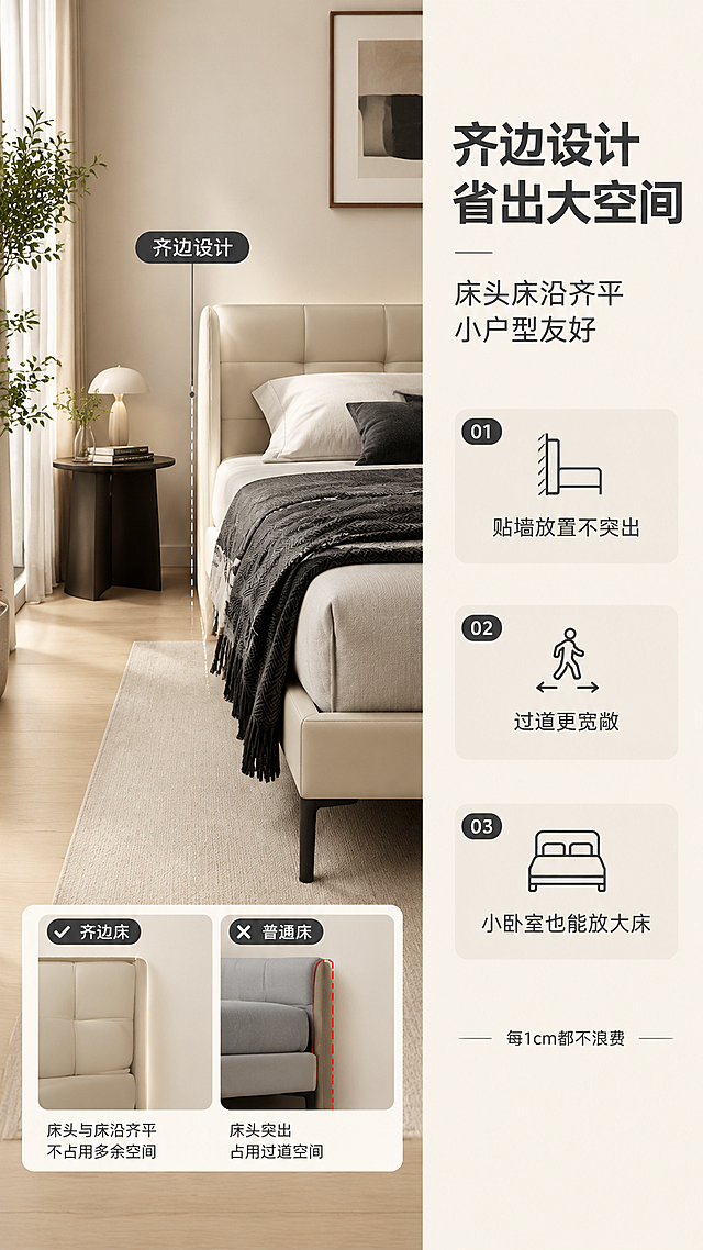 [商品] 使用【图1】意式极简高脚齐边床；保留米白色软包床头、黑色细金属高脚、齐边床身结构、整体比例和造型；商品处理：保持齐边结构清晰可见，床品自然垂顺，增强面料质感，不改变版型结构和颜色。
[画面] 目标：突出齐边设计省空间的核心卖点。构图：左图右文竖版布局，左侧约2/3为卧室场景+齐边床侧面视角，右侧约1/3为卖点说明区；产品侧面展示齐边结构，床沿与床头齐平无突出，占画面约55%；背景为小户型卧室，床边留有通道空间，配小边几和绿植；用虚线标注齐边结构，对比普通床头突出的差异感。
[视觉] 套系策略：风格=现代意式极简商业摄影；标题字=现代无衬线粗体；正文字=简洁无衬线体；主色=奶油米白；背景延展=基于奶油米白做深浅层级、同色渐变和细腻墙面/织物质感；强调色=深炭灰，仅用于小面积图标、引线和标签；标题色=深炭灰；正文色=中暖灰；组件=圆角浅底信息卡、细线引线、数字序号胶囊；光影=正面暖柔光，均匀明亮。
[文字] 右侧文案区：主标题「齐边设计 省出大空间」，副标题「床头床沿齐平 小户型友好」，下方3条利益点配图标：「贴墙放置不突出」「过道更宽敞」「小卧室也能放大床」；底部小字「每1cm都不浪费」；用细线引线指向齐边部位；文字不遮挡床身主体。
[规格] 图片比例9:16竖版，4K分辨率，淘宝/天猫详情页适配，中文文案；避免变形、错字、文字过小、冷蓝背景、产品颜色改变、结构失真、极限词。