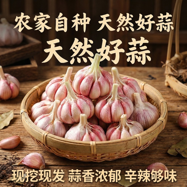 将底部“坏果包赔”替换为“蒜香浓郁 辛辣够味”，保持字体风格和画面整体色调一致预览效果