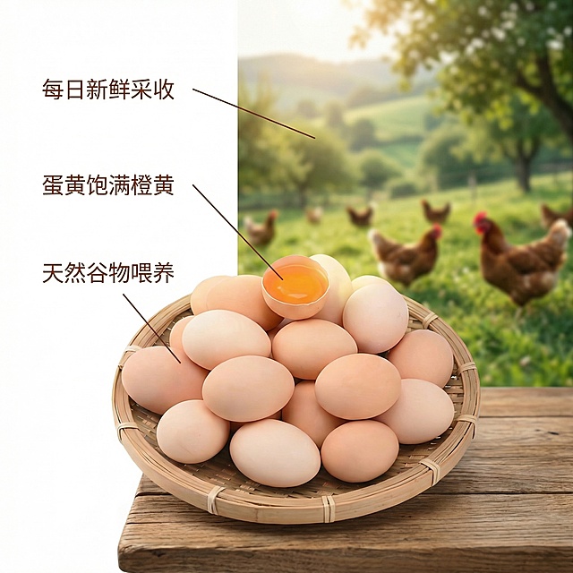 [垫图] https://gdesign-dam-hz.dancf.com/35977571442349177/9063321879734676aa89c73283f1b71b.png
[主图主题] 农家谷物鸡蛋核心卖点展示
[氛围/风格] 田园整洁自然风，自然暖阳逆光，新鲜干净
[画面元素] 整篮鸡蛋放置在木质桌面上，背景衔接户外绿色农场风景，突出天然散养产地属性，整体干净通透，光影自然
[配色色系] 主色调：原木色、暖浅棕（鸡蛋）、绿色（田园）；辅助色：浅木色桌面
[视角构图] 平视视角，景深适中，鸡蛋主体占据画面中心位置
[文字版式] 左侧用细引线标注卖点："天然谷物喂养"指向鸡蛋整体，"蛋黄饱满橙黄"指向破开的鸡蛋，"每日新鲜采收"指向背景农场；所有文字字色深棕，不遮挡主体；遵循极简悬浮原则，文字悬浮于背景留白处，画面干净整洁
[比例分辨率] 2k分辨率