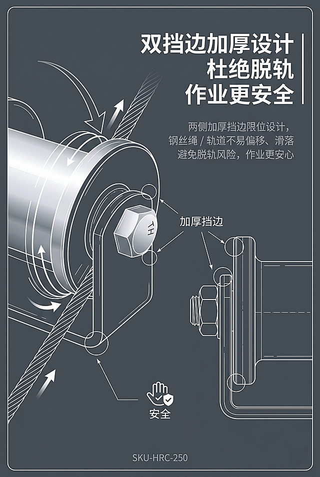 2:3竖版设计，深灰背景搭配白色简约线条；画面左侧为产品双挡边结构的特写，添加动态示意线条，模拟钢丝绳在滑轮内的运行轨迹，突出挡边的防脱效果；主标题右对齐放置在画面右上，文字为"双挡边加厚设计 | 杜绝脱轨 作业更安全"，白色加粗无衬线字体；副标题在主标题下方，文字为"两侧加厚挡边限位设计，钢丝绳 / 轨道不易偏移、滑落，避免脱轨风险，作业更安心"，浅灰色细体无衬线字体；画面用箭头标注挡边位置，清晰展示防脱结构，整体传递安全可靠的产品特性。