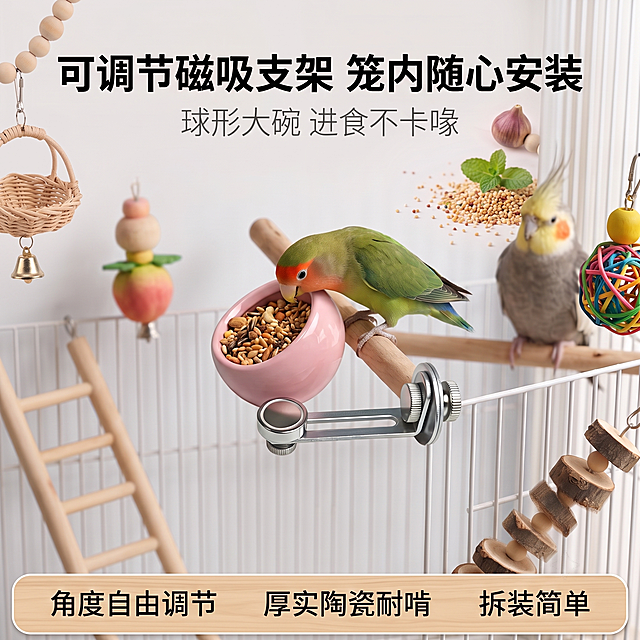 修改图片背景，保持画面中鹦鹉、磁吸陶瓷食碗、所有文字内容、鹦鹉玩具和构图位置不变，将当前的低饱和淡奶油浅粉渐变背景更换为类似第二张参考图的浅原木柔光墙面背景，隐约露出白色简约鸟笼金属网格线条，保持原有阴影柔和度和画质，不改变画面主体内容