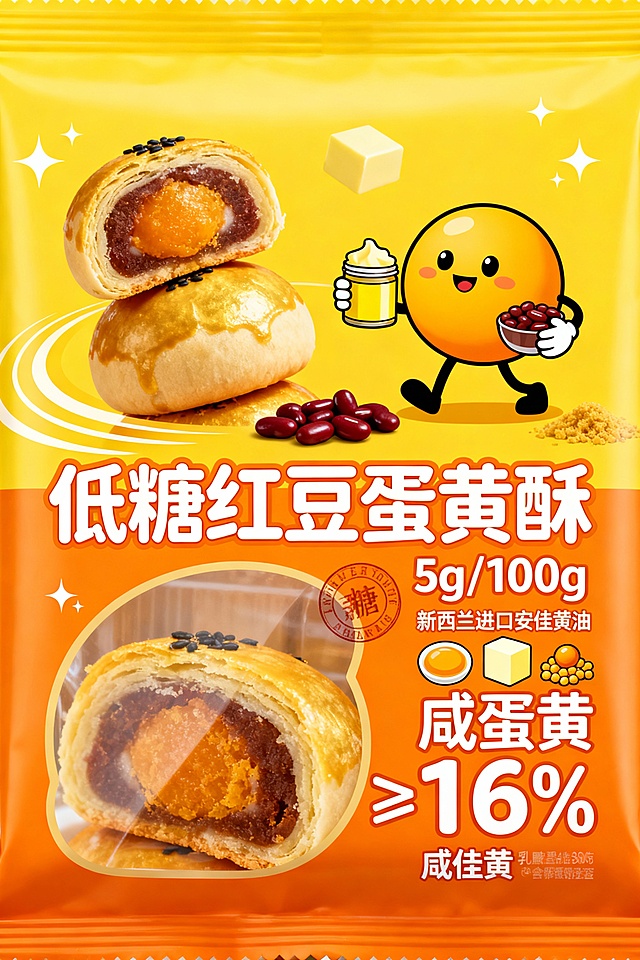 扁平风卡通包装，拟人蛋黄角色萌趣互动，双色设计突出低糖健康理念，印刷风文字强化促销信息，整体充满可爱感与节日喜庆氛围。