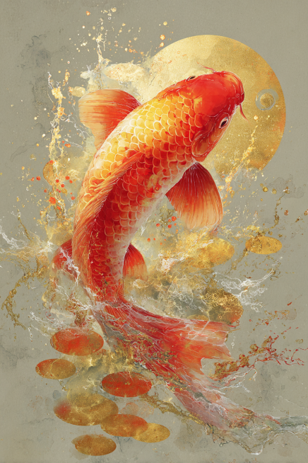 Vertical visual, radial composition, a red-gold gradient koi fish leaping upward from the lower cent预览效果