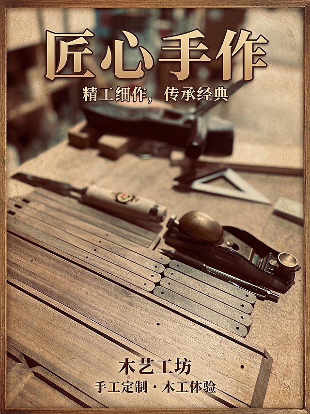 将这张木工工具工作图制作为海报，保持原图暖调复古质感，构图完整突出木工手作的匠人氛围，适合作为宣传海报使用