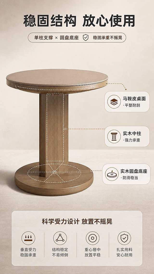 [商品] 使用【图1】圆形马鞍皮实木边几，保留圆形桌面、单柱支撑、圆盘底座结构，材质为木框架+马鞍皮+实木，重点展示支撑结构。
[画面] 目标：结构解析页，展示单柱+圆盘底座的稳固承重结构。居中构图，边几侧视角度为主，产品占画面约60%；叠加虚线结构示意，标注桌面、支撑柱、底座三层结构；背景为浅奶灰色渐变，简洁专业。
[视觉] 套系策略：风格=现代侘寂极简家居商业摄影；标题字=思源黑体粗体；正文字=思源黑体常规；主色=暖木棕；背景延展=基于暖木棕做深浅层级、奶白渐变和细腻微水泥/原木质感；强调色=焦糖棕，仅用于小面积图标、引线和标签；标题色=深炭灰；正文色=中暖灰；组件=圆角浅底信息卡、细线引线、胶囊卖点框；光影=左前侧暖柔光，柔和阴影。
[文字] 顶部主标题"稳固结构 放心使用"，3处引线标注"马鞍皮桌面 · 平整耐刮""实木中柱 · 强力承重""实木圆盘底座 · 防滑稳当"，底部补充说明"科学受力设计 放置不摇晃"；文字横排，不遮挡主体结构。
[规格] 图片比例9:16竖版，4K，避免变形、错字、文字过小、冷蓝/蓝灰背景、产品颜色改变、结构失真。