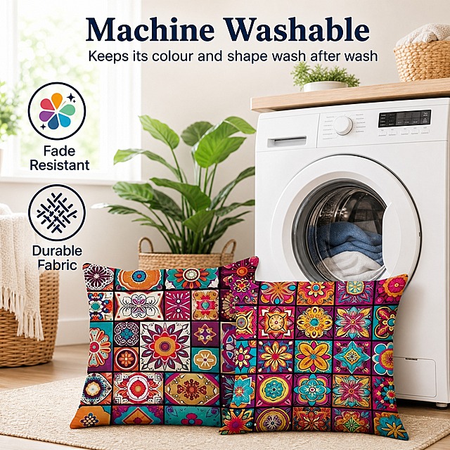 Two bohemian pillow covers in foreground, white front-loading washing machine on right side, top headline "Machine Washable", sub-text "Keeps its colour and shape wash after wash", two feature icons at left with text "Fade Resistant, Durable Fabric", bright laundry room background, green plants and wicker basket, product infographic, text on picture