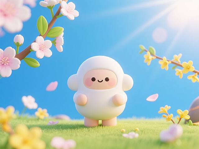 清新软3D风设计，天蓝色背景与春天元素结合，营造温馨春日氛围