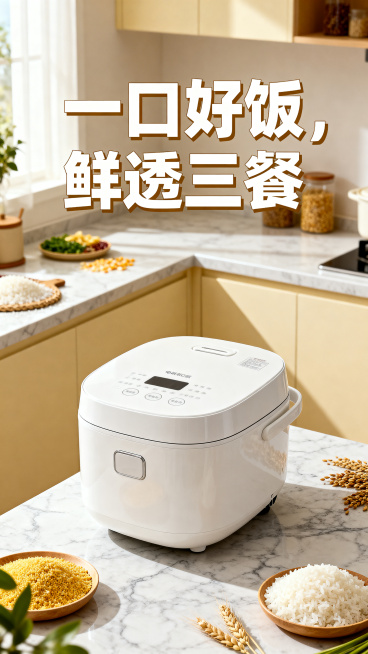 电饭煲电商广告宣传图，现代简约厨房场景，白色智能电饭煲放置在哑光岩板台面上，背景干净明亮，点缀新鲜米饭和谷物，整体温馨治愈，加上醒目的广告语"一口好饭，鲜透三餐"，高端质感氛围图预览效果