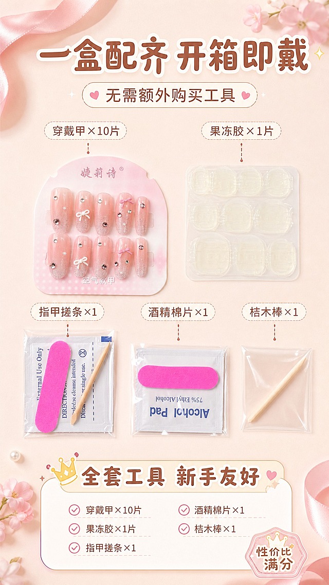 [商品] 使用【图2】和【图3】中的全套配件：穿戴甲、果冻胶、指甲搓条、酒精棉片、桔木棒；保留各配件外观、包装、文字（酒精棉片文字为反向印刷属正常包装，保留原貌）；商品处理：保留全部原貌，排列整齐美观。
[画面] 页面目标：套装配件展示，开箱即戴无需额外购买，突出性价比。构图：中间为配件平铺全家福，上下分布标题与清单。产品+配件占画面60%。景别：俯拍平铺中景。背景奶茶色/浅粉色渐变+少量丝带/小花点缀。阅读动线：从上到下。
[视觉] 套系策略：风格=甜美少女风商业摄影，干净明亮软萌治愈；标题字=圆润可爱粗体字；正文字=简洁圆润无衬线体；主色=奶茶裸+樱花粉+奶白；背景延展=基于裸粉色做渐变、柔焦、细腻质感；强调色=奶白+浅金，仅用于标签和高光；标题色=深奶茶棕；正文色=暖灰粉；组件=圆角白底清单卡、勾选图标；光影=顶部均匀柔光，俯拍无阴影死角。
[文字] 顶部主标题"一盒配齐 开箱即戴"，副标题"无需额外购买工具"；中间配件平铺展示，每件配引线+名称：「穿戴甲×10片」「果冻胶×1片」「指甲搓条×1」「酒精棉片×1」「桔木棒×1」；底部一行"全套工具 新手友好"；文字不遮挡配件主体。
[规格] 图片比例9:16竖版，4K，避免变形、错字、文字过小、冷蓝背景、配件缺失。