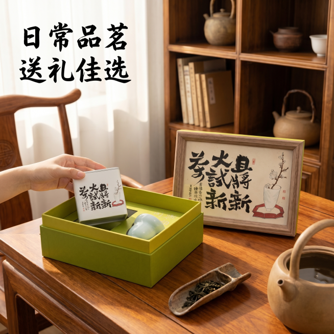 [主图-4] 都匀毛尖茶礼使用场景展示。
[氛围风格] 生活化雅致茶道场景，自然温馨。
[画质] 真实摄影质感，氛围感强，画面清晰通透。
[元素] 礼盒放置在中式茶桌一角，一只手正拿出茶叶罐，茶桌上搭预览效果