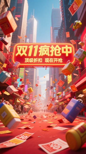 主色调为红黄色，画面呈现热闹都市场景，高楼悬挂着 “双 11 疯抢中” 的霓虹牌，下方“顶级折扣 现在开抢”，各类商品从两边散出，地面散落着优惠券。预览效果