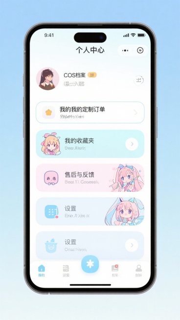 帮我生成图片：二次元×定制化COS服 UI界面层级设计（一级/二级/三级）
 
核心设计逻辑：以原创定制为核心、AI为辅助工具、面料/版型复用为亮点，兼顾操作流畅度与COS文化价值传递，所有层级均围绕预览效果