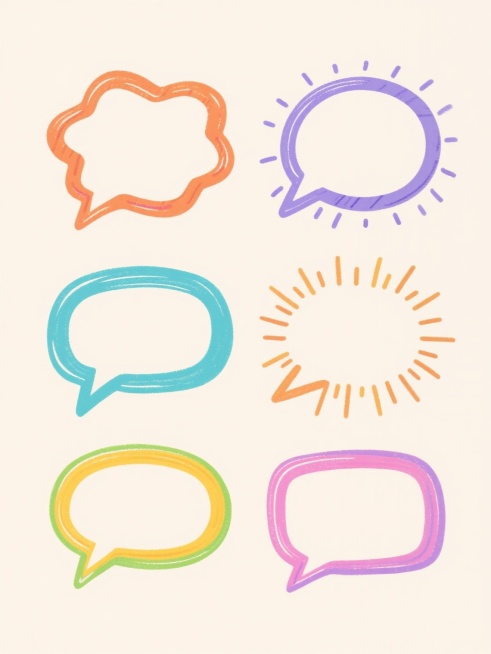 六款不同配色、不同样式、不同风格的手绘质感气泡框设计，每款气泡框边缘带有不规则手绘线条纹理和轻微高光效果，部分气泡框点缀有放射状线条装饰元素，整体以浅色为背景，六款气泡框呈左右两行整齐对齐排列，色彩明快鲜艳，保持统一的手绘涂鸦艺术风格，画面简洁干净。预览效果