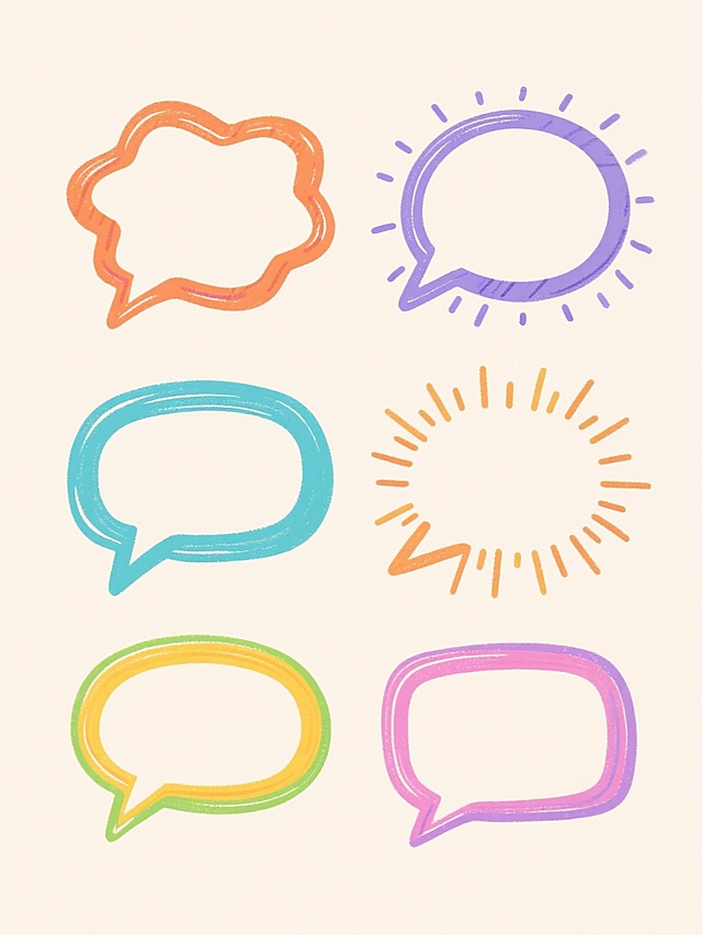 六款不同配色、不同样式、不同风格的手绘质感气泡框设计，每款气泡框边缘带有不规则手绘线条纹理和轻微高光效果，部分气泡框点缀有放射状线条装饰元素，整体以浅色为背景，六款气泡框呈左右两行整齐对齐排列，色彩明快鲜艳，保持统一的手绘涂鸦艺术风格，画面简洁干净。