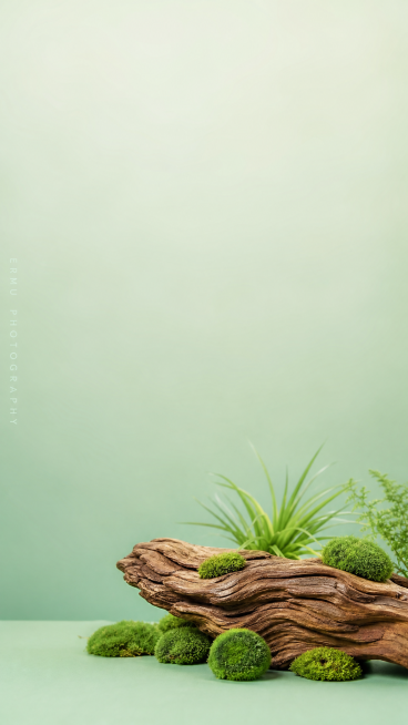 整体色调：背景是柔和的浅薄荷绿渐变，从上方的浅到下方的稍深，搭配同样色系的台面，色彩干净统一，自带治愈感。主体元素：画面下方偏右的位置，横放着一块天然风化的枯木 / 沉木，木材质感粗糙，纹理清晰，呈现预览效果
