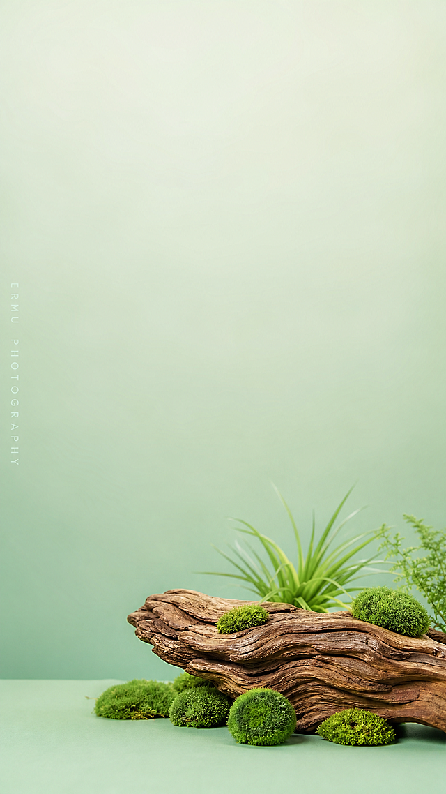整体色调：背景是柔和的浅薄荷绿渐变，从上方的浅到下方的稍深，搭配同样色系的台面，色彩干净统一，自带治愈感。主体元素：画面下方偏右的位置，横放着一块天然风化的枯木 / 沉木，木材质感粗糙，纹理清晰，呈现出自然的浅棕与深棕纹路，带着古朴的质感。枯木上和周围点缀着几簇鲜绿色的仿真苔藓 / 草植，造型蓬松，颜色鲜亮，与枯木的暖棕色形成冷暖对比，增添了生机与自然气息。构图与留白：采用下重上轻的留白构图，上方大面积的浅绿色背景留出了充足的空间，非常适合放置产品主体（比如茶盒、饮品），整体视觉重心稳定，既不会被背景抢戏，又能衬托出产品的质感。细节与氛围：左侧边缘有竖排的 "ERMU PHOTOGRAPHY" 字样水印，整体光影柔和均匀，没有强烈的阴影，营造出干净、高级、清新的氛围，很适合用作茶饮、护肤、美妆类产品的拍摄背景。