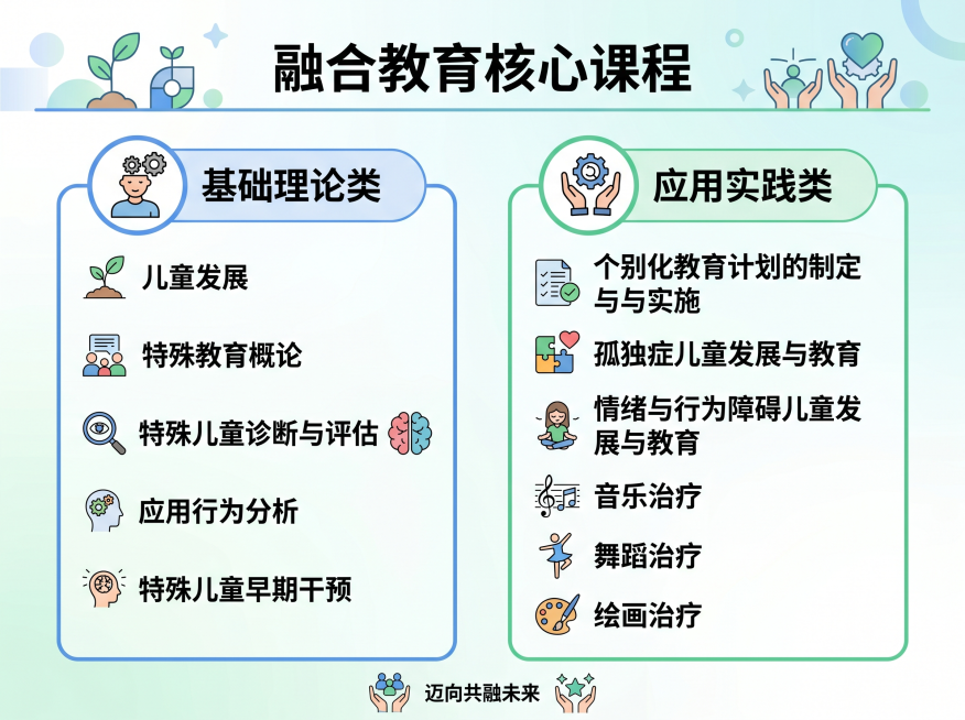 融合教育核心课程目录，主标题为"融合教育核心课程"，分为"基础理论类"和"应用实践类"两个板块，内容呈两竖列排列。基础理论类课程：儿童发展、特殊教育概论、特殊儿童诊断与评估、应用行为分析、特殊儿童早期预览效果