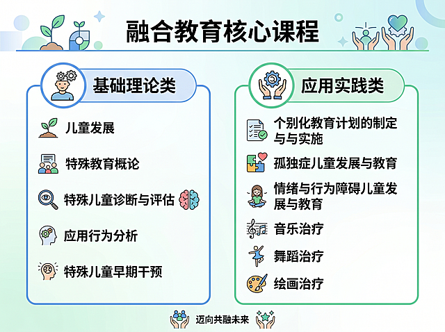 融合教育核心课程目录，主标题为"融合教育核心课程"，分为"基础理论类"和"应用实践类"两个板块，内容呈两竖列排列。基础理论类课程：儿童发展、特殊教育概论、特殊儿童诊断与评估、应用行为分析、特殊儿童早期干预；应用实践类课程：个别化教育计划的制定与实施、孤独症儿童发展与教育、情绪与行为障碍儿童发展与教育、音乐治疗、舞蹈治疗、绘画治疗。整体风格为现代简约教育风，清晰干净的排版，背景简约大方，文字清晰易读