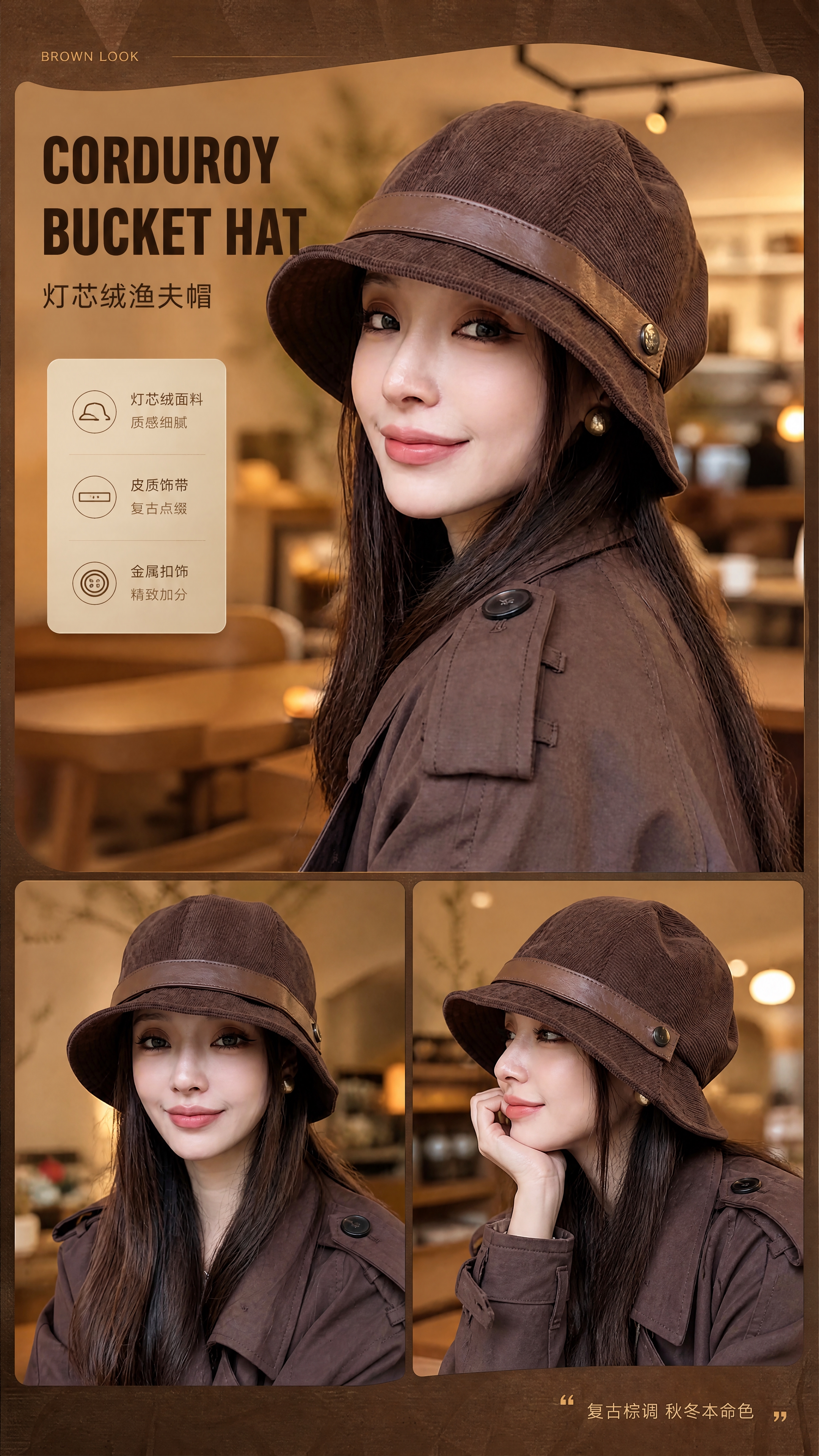 [商品] 使用【图1】【图2】【图3】棕色款渔夫帽；商品处理：… - 图片创意预览