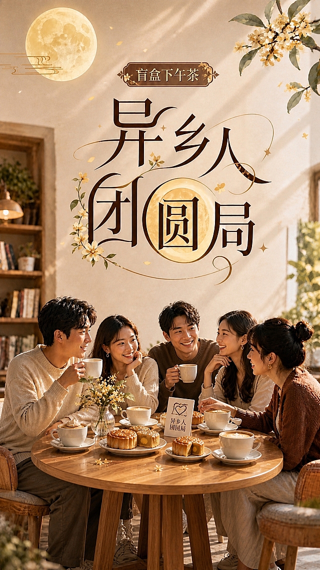 在现有画面基础上增加2位年轻人物，使总人数达到5人，营造更热闹的6人桌社交氛围。在圆桌的后侧和右侧空位增加两位穿着时尚休闲的年轻男女（亚洲面孔，25-30岁左右），自然地围坐在桌边，姿态放松愉悦，有人微笑倾听，有人手持咖啡，与现有三人有互动感，整体氛围融洽欢乐。新增人物的服装风格、光影质感与现有三人保持一致，完全融入场景。桌子可以适当放大以容纳更多人，桌上的咖啡杯、月饼、桌牌等物品也相应补充增加。主标题、副标题、月亮、桂花枝、咖啡馆背景均保持不变。整体保持温暖小资的中秋交友氛围。