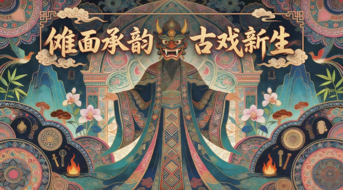 基于原图生成傩戏介绍的主视觉设计KV，保留原图国潮插画风格和傩面具人物元素，添加标题文字"傩面承韵，古戏新生"，整体排版大气庄重，适合用作活动主视觉，延续传统纹样和配色预览效果