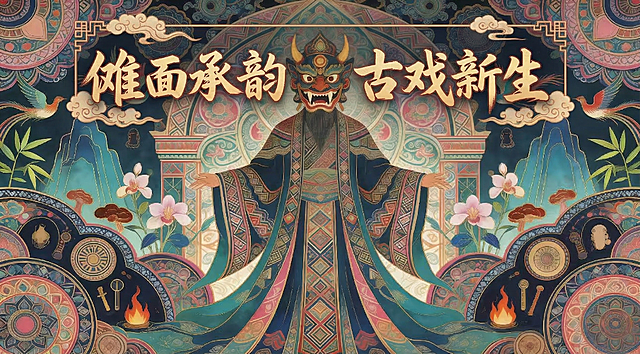 基于原图生成傩戏介绍的主视觉设计KV，保留原图国潮插画风格和傩面具人物元素，添加标题文字"傩面承韵，古戏新生"，整体排版大气庄重，适合用作活动主视觉，延续传统纹样和配色