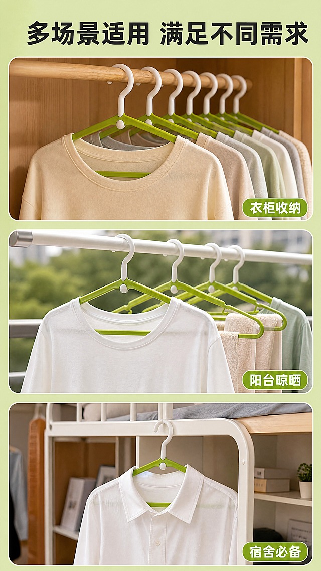 [商品] 使用【图1】果绿色360°旋转护肩衣架；保留三角衣架结构、果绿色主体、白色旋转挂钩、底部防滑卡槽；真实功能方向为悬挂衣物。
[画面] 目标：多场景展示页，体现产品多用途。构图：三宫格竖版拼图，每格一个场景。主体位置：每格居中展示衣架使用场景。景别：中景。阅读动线：从上到下。前中后景：每格独立场景，前景衣架衣物，中景环境，后景虚化。场景：上格=衣柜收纳场景（多件衣服整齐悬挂）；中格=阳台晾晒场景（衣架挂在晾衣杆上）；下格=学生宿舍场景（小空间挂衣）。
[视觉] 套系策略：风格=1688工厂批发风，简洁实用商业摄影；标题字=粗黑体；正文字=常规黑体；主色=果绿色；背景延展=基于果绿色做深浅层级、同色渐变和细腻哑光质感；强调色=白色，用于小面积图标、引线和标签；标题色=深炭灰；正文色=中灰；组件=圆角信息卡、细线引线、绿色色块标题条；光影=每格自然柔和光线。
[文字] 顶部通栏主标题：多场景适用 满足不同需求；每格右下角配场景标签：衣柜收纳、阳台晾晒、宿舍必备；文字全部横向排版，标签为绿色圆角底白字。
[规格] 图片比例9:16竖版，4K分辨率，负向提示：避免变形、错字、文字过小、衣架颜色改变、结构失真、极限词、平台Logo、竖排文字。