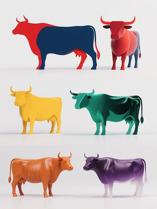 极简主义风格的六个牛造型设计，每个牛均采用与原图一致的抽象剪影艺术风格，具有流畅的曲线轮廓、简化的头部和身体形态，以及标志性的牛角和尾部造型。六个牛分为上下两行对齐排列，每行三个，整体构图平衡对称。每个牛拥有独特的配色方案，包括但不限于深蓝色、鲜红色、明黄色、翠绿色、橙色和紫色等鲜明色彩，同时每个牛展现不同的材质质感，如光滑的金属质感、磨砂玻璃效果、哑光塑料、木纹纹理、皮革触感和渐变半透明效果。背景为纯净的浅色（接近白色或浅灰色），确保牛造型成为视觉焦点，整体设计简洁现代，具有强烈的图形识别度和装饰美感。
