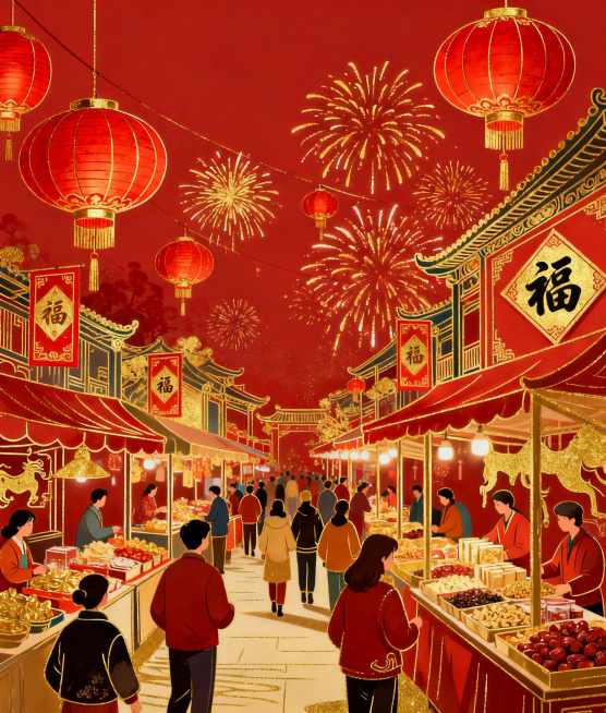 参考这种风格，帮我生成2026新年相关的插画，风格要喜庆，红色背景为主，按我发的比例分别制作不同的插画，不要使用马的插画元素。34×40的比例（2026新年相关的）预览效果