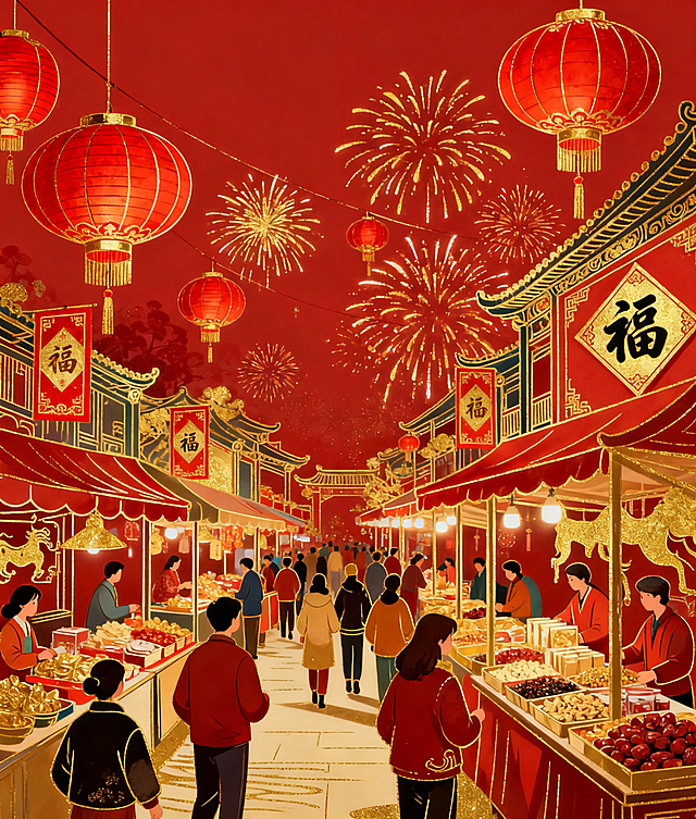 参考这种风格，帮我生成2026新年相关的插画，风格要喜庆，红色背景为主，按我发的比例分别制作不同的插画，不要使用马的插画元素。34×40的比例（2026新年相关的）