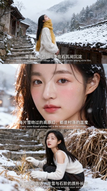 上宫格：中景镜头，女生穿白色厚实毛衣，黄色围巾裹住半张脸，站在山间村落的石阶上，雪花落在古朴的石屋瓦檐，她仰头看山间雾雪交融，神情纯净。添加中英字幕 “雪落山间村，纯净在石瓦间沉淀”“Snow fal预览效果