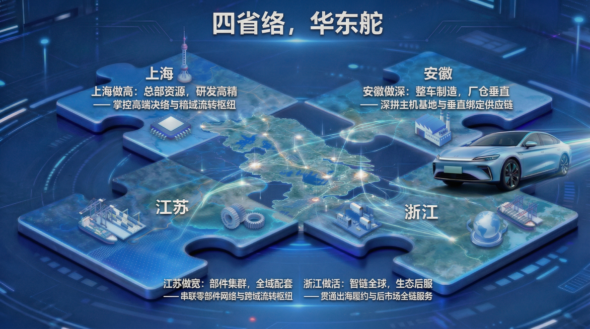 基于原图修改，将江苏做宽完整文案：部件集群，全域配套 —— 串联零部件网络与跨域流转枢纽，移动到“江苏”两个字的正下方，将浙江做活完整文案：智链全球，生态后服 —— 贯通出海履约与后市场全链服务，移动预览效果