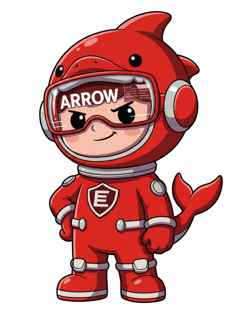 参考图1巨巨侠IP形象，保留所有设计细节：红色鲨鱼太空服、ARROW visor文字、盾牌E标志，生成叉腰歪头帅气站姿全新不同动作，保持图1干净明亮的二维插画风格，纯白色背景预览效果