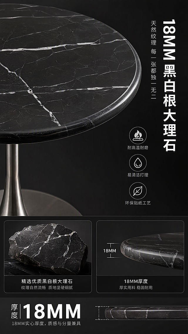 [第3张] 材质解析页-DJ8827角几18MM黑白根大理石桌面细节。本张使用【图1】作为商品主体，重点展示桌面部分。
[氛围/风格] 材质特写风，高级质感，微距细节，商业摄影质感。
[元素布局] 画面上半部分为角几桌面大特写，占比约60%，清晰展示黑白根大理石的天然黑白纹理脉络，18MM厚度的边缘打磨工艺，桌面圆润倒角；下半部分为材质说明区，配有大理石原石小图、厚度剖面示意图；产品桌面材质纹理与输入图一致。
[光影质感] 顶部柔光均匀打亮桌面，突出大理石纹理层次与光泽感，边缘侧光体现18MM厚度质感，细节锐利清晰。
[配色色系] 全局底色 #1A1A1A 纯黑；主色黑白大理石纹理；辅助色银灰金属、深灰底纹。
[视角构图] 俯视特写视角，桌面占据上半画面，阅读动线从上往下：桌面特写→材质说明→底部标签。
[文字版式] 右侧竖排主标题「18MM 黑白根大理石」，白色粗体大字；副标题「天然纹理 每一张都独一无二」，灰色小字；下方三个材质卖点图标+文字：「耐高温耐磨」「易清洁打理」「环保贴纸工艺」；底部标注「厚度 18MM」白色数字大字。
[比例分辨率] 9:16竖版比例，4K分辨率，文字清晰可辨，高清画质。
[负向提示词] 桌面变形，纹理错乱不自然，颜色偏差，水印，文字错乱，文字过小，材质模糊。