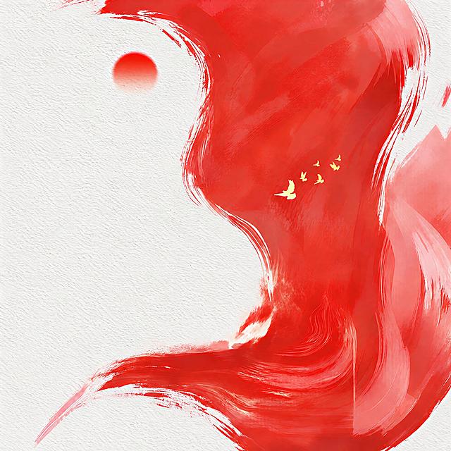 移除左侧的黑色鸽子、红色印章和所有文字，移除左侧多余的色块和边缘瑕疵，用白色粗糙纸纹背景自然填充空缺区域，保持右侧红色水墨笔触、红色太阳、黄色飞鸟群完全不变，整体构图和风格与原图一致