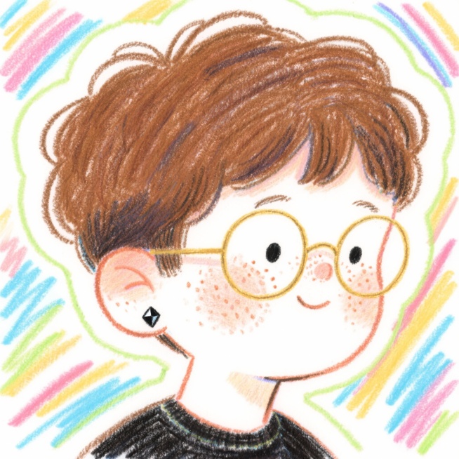 男性头部特写，秋栗棕短卷发，雀斑分布在脸颊与鼻梁，佩戴金丝圆眼镜，单耳戴黑钻耳钉。预览效果