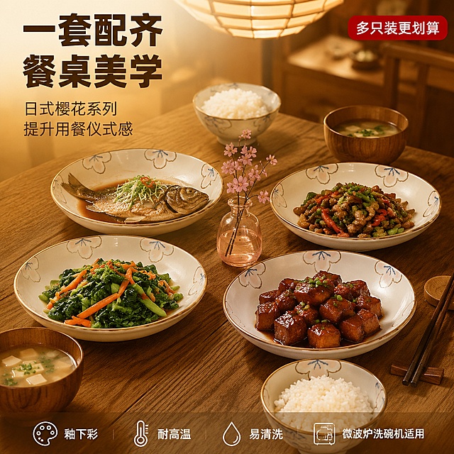 [主图-8] 日式樱花陶瓷菜盘套装展示图 多盘组合与餐桌整体效果。
[氛围风格] 日式餐桌美学 温馨家庭用餐氛围 成套搭配展示；
[画质] 商业摄影质感 光线柔和温暖 产品清晰真实 画面干净高级 超高清细节；
[元素] 画面展示一张原木餐桌 上面整齐摆放4个日式樱花陶瓷盘 每个盘子盛放不同的家常菜肴 有青菜 红烧肉 蒸鱼 小炒 搭配米饭碗 汤碗 筷子 日式味增汤碗 中间摆放一小瓶樱花装饰 整体呈现一桌丰盛的家庭晚餐场景。背景是虚化的日式餐厅 暖黄色灯光 温馨氛围。所有盘子都保持与输入产品图外观绝对一致 图案 颜色 金边完全相同 杜绝任何变形和色差 精细化处理。商品主体占比严格控制在70%左右 画面满屏无边框。
[光影] 暖黄色吊灯为主光 柔和漫射 营造温馨晚餐氛围 陶瓷釉面有暖调高光 金边有温暖金属光泽 整体光影柔和 氛围感强 暗部有层次；
[配色] 主色原木色 米白 辅色樱花粉 金边棕 食物丰富色彩 暖黄灯光；
[视角构图] 45度俯视角度 餐桌为视觉中心 四个盘子分布在餐桌四角 中间有餐具和装饰 构图饱满 层次丰富；
[文字版式] 左上负空间左对齐 大字主文案 一套配齐 餐桌美学 粗体无衬线 深棕色 最大号。辅助短句 日式樱花系列 提升用餐仪式感 约半高 同色略浅。右上角 多只装更划算 红底白字小标签。底部通栏半透明渐变蒙层 文字 釉下彩 耐高温 易清洗 微波炉洗碗机适用 白字 均匀分布。
[输出要求] 1:1比例 文字清晰锐利 画面超高清商业摄影质感；
[负向提示词] 变形 文字错乱 产品图模糊 背景杂乱 水印 电商平台Logo 盘子样式不一致。