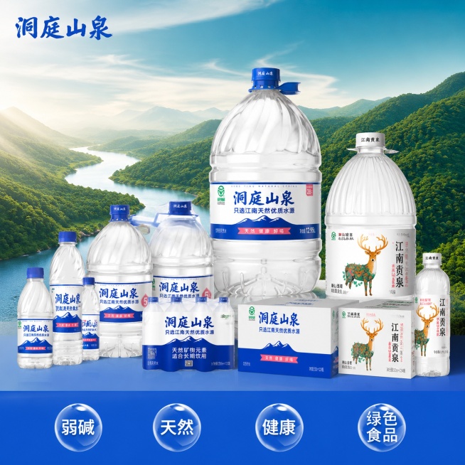 复刻原海报版式骨架，保留分区结构和品牌调性。顶栏左侧放品牌"洞庭山泉"。移除原文案"含锶碱矿泉 世界长寿之乡"，主标题区保留品牌风格排版。背景替换为用户提供的山水河流图。保留底部四个蓝色圆形卖点气泡，预览效果