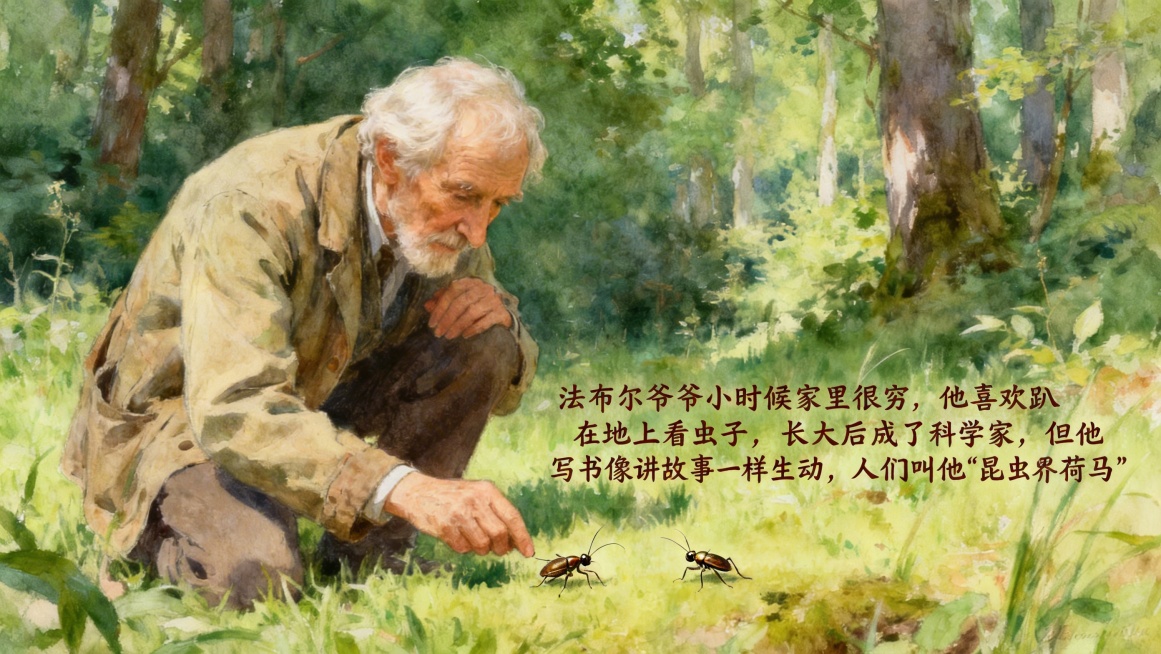 在第4页配图上添加文字：法布尔爷爷小时候家里很穷，他喜欢趴在地上看虫子，长大后成了科学家，但他写书像讲故事一样生动，人们叫他“昆虫界的荷马”，文字风格贴合画面氛围预览效果