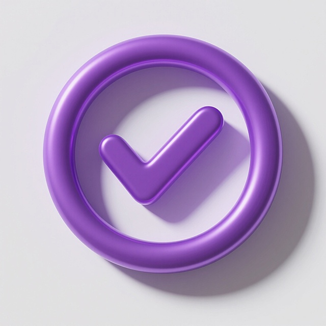 一个具有3D立体效果的紫色对勾图标，对勾位于圆形内部，整体呈现出光滑的塑料材质质感，主色调为统一的紫色，色彩和谐，具有明显的光影效果，光源从斜上方照射，形成自然的高光和阴影细节，凸显出物体的立体感和材质的光滑特性，构图采用对称美学，圆形与对勾形成平衡的视觉布局，背景为纯白色，简洁干净，没有任何多余元素，整体设计简洁明了，视觉层级清晰，能在短时间内传达出确认、完成的核心信息。