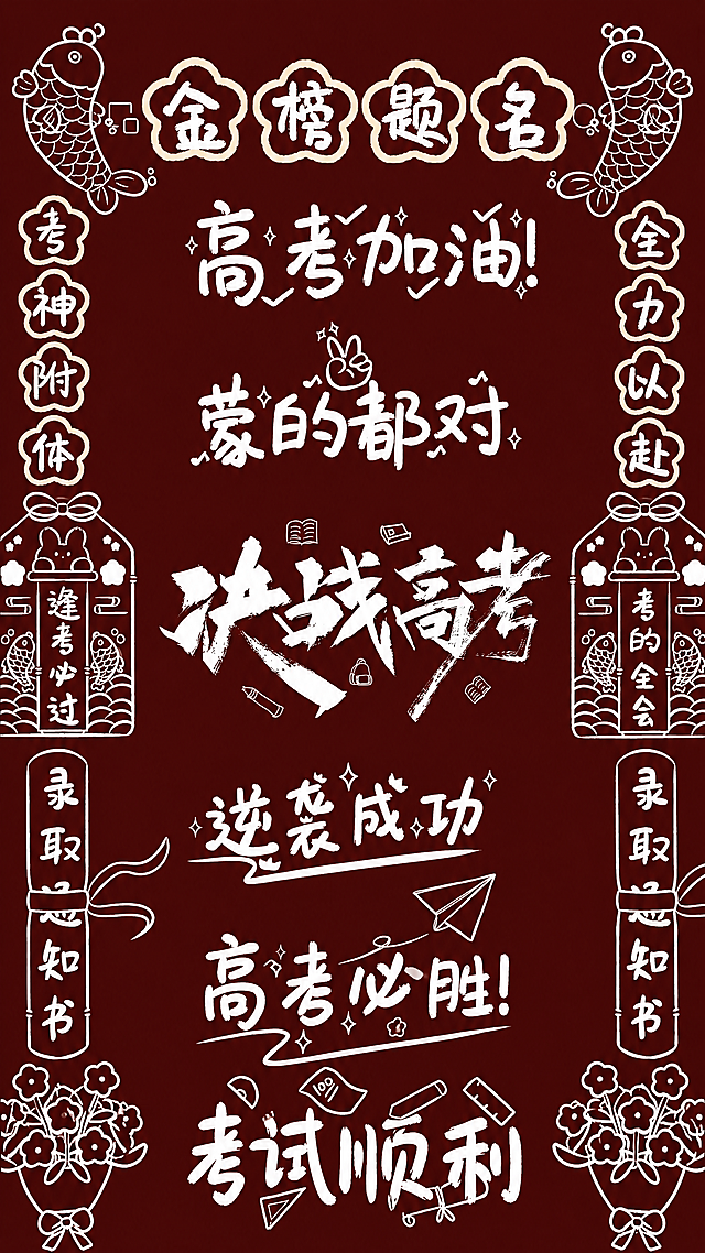 生成一张和参考图内容完全一样的海报，深红色背景，带有白色线描装饰边框，保留所有文案内容：顶部“金榜题名”，主体“高考加油”、“蒙的都对”、“决战高考”、“逆袭成功”、“高考必胜”、“考试顺利”，两侧边框文字“考神附体”、“全力以赴”、“逢考必过”、“考的全会”、“录取通知书”，保持相同的排版和风格，去掉原图片中的抖音界面UI和账号信息
