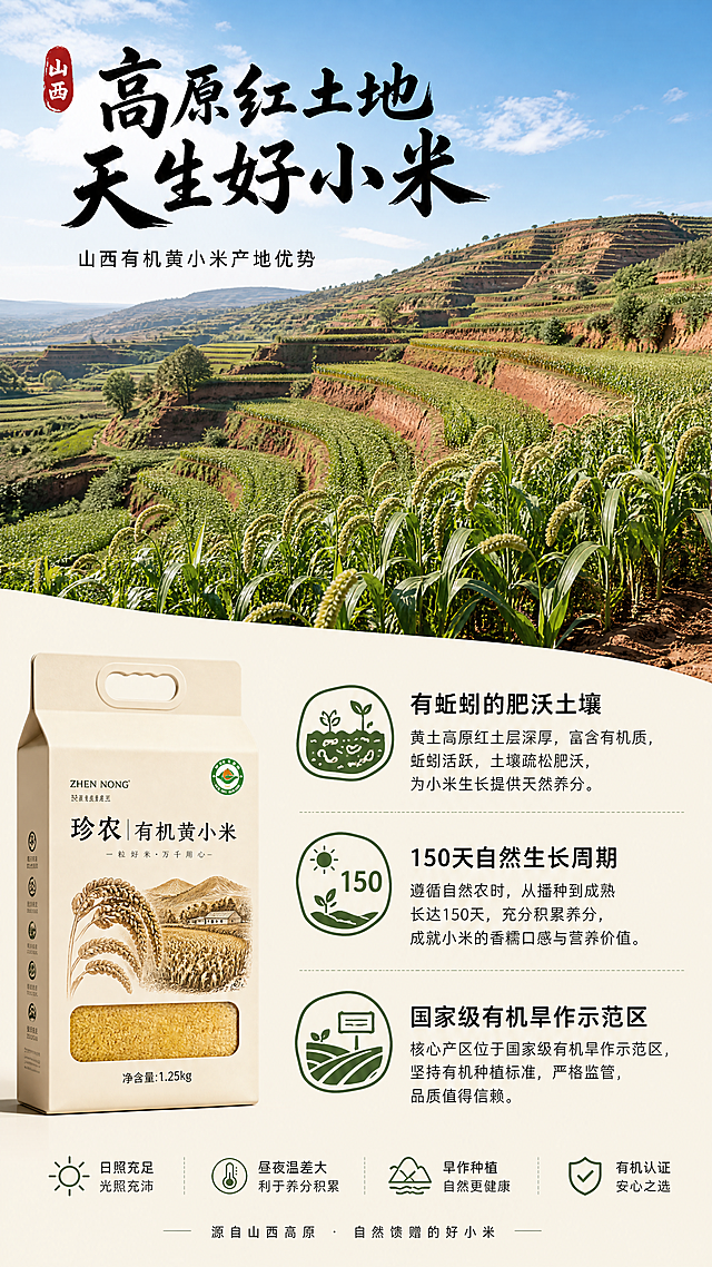 [第2屏] 山西有机黄小米产地优势展示屏。
[氛围/风格] 自然原生态，实拍农田风光，真实接地气，开阔明亮。
[元素布局] 画面上半部分是山西高原红土地梯田的宽幅实景图，层层叠叠的黄土地种植着绿色小米作物，天空湛蓝。下半部分左侧保留产品包装小图，使用【图1】，右侧文字区域介绍产地优势。整体信息饱满，图文并茂。
[光影质感] 自然光晴天光照，整体明亮通透，农田色彩自然真实，产品包装光影与整体协调。
[配色色系] 全局底色：#F5F1E4（浅米黄）；主体配色：绿色作物+红褐色土地+米白包装；辅助色：绿色文字标题+黑色正文，延续字色不超过两种规则。
[视角构图] 上景下文版式，上半部分全景展示产地环境，下半分栏承载产品和信息，阅读动线流畅。
[文字版式] 左上大标题「高原红土地 天生好小米」，黑色书法字体；分三栏列出核心信息：「有蚯蚓的肥沃土壤」「150天自然生长周期」「国家级有机旱作示范区」，每个卖点配简约土地icon，文字清晰不拥挤。字体沿用温润书法标题+无衬线正文，字色黑+深灰纯色填充。
[比例分辨率] 9:16竖版比例，4K分辨率，文字清晰可辨，超高清。
[负向提示词] 土地贫瘠，作物枯萎，色彩夸张，文字模糊，排版拥挤，产品变形。