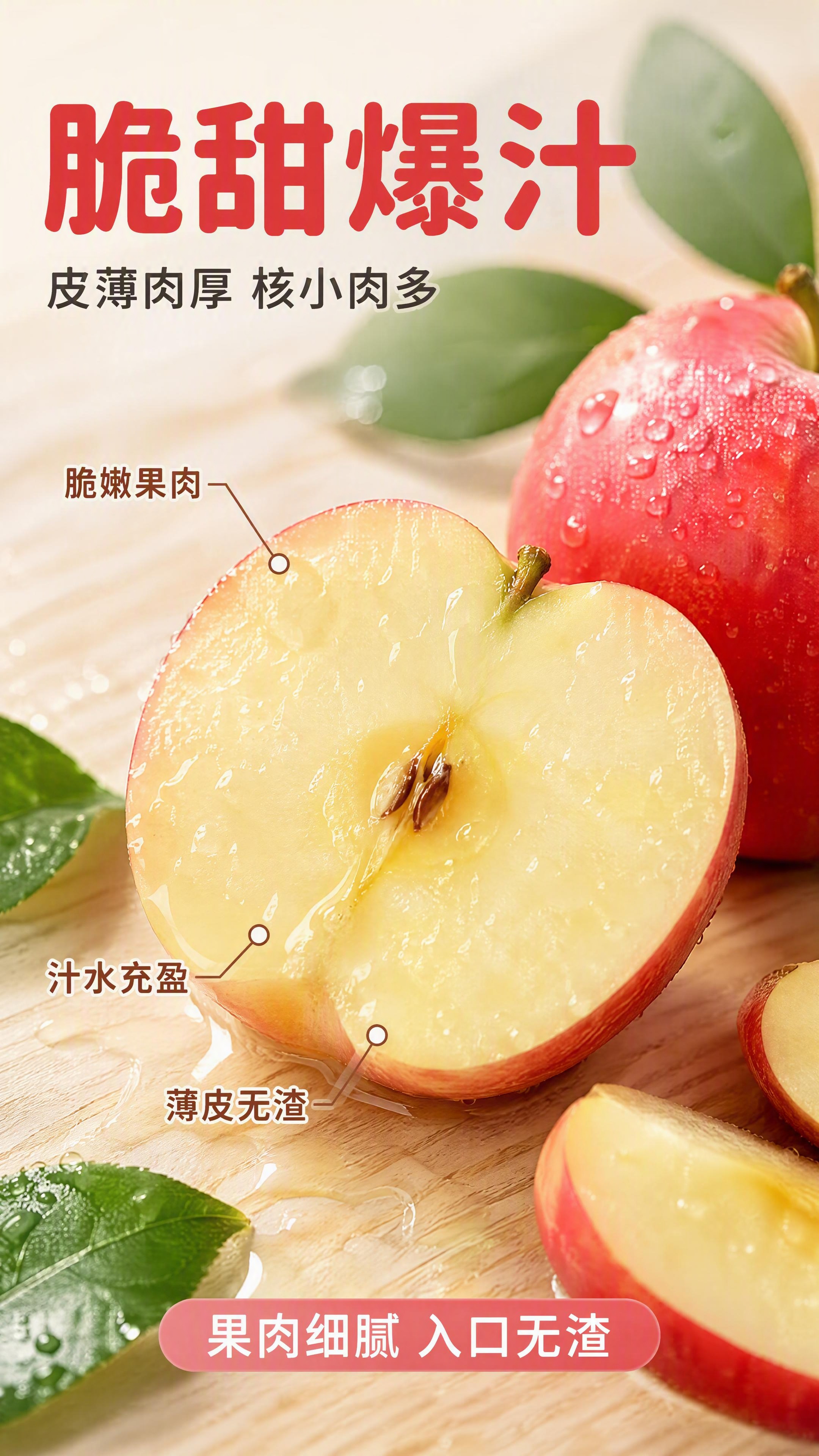 [第3张] 详情页口感特写-樱桃小苹果切开剖面与汁水微距质感。… - 图片创意预览