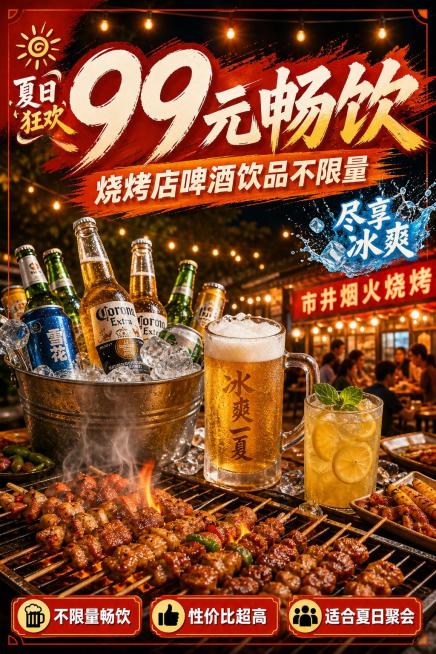 写实商业摄影风格 市井烟火烧烤店活动海报，画面包含主标题"99元畅饮"，副标题"烧烤店啤酒饮品不限量"，装饰文案"夏日狂欢""尽享冰爽"，卖点标签"不限量畅饮""性价比超高""适合夏日聚会"。整体色调预览效果