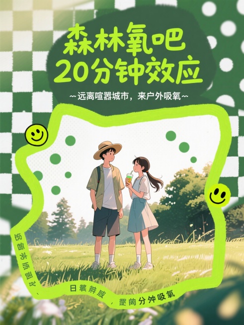 大标题“森林氧吧20分钟效应”，稚嫩手写质感的字体，字体夸张且醒目，小字“远离喧嚣城市，来户外吸氧”围绕标题字一圈，背景贴了漫画网点质感的一对情侣在草地上，绿白网点，绿色不规则粗线条框住画面，有荧光色预览效果
