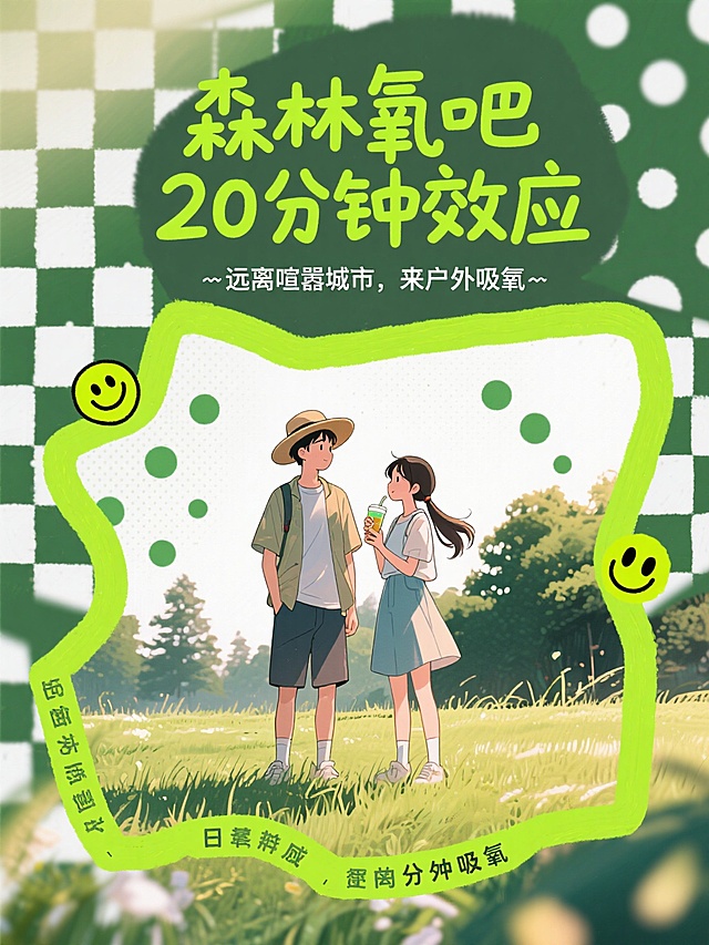 清新插画风，漫画手法描绘森林氧吧，20分钟户外吸氧，享受自然宁静。