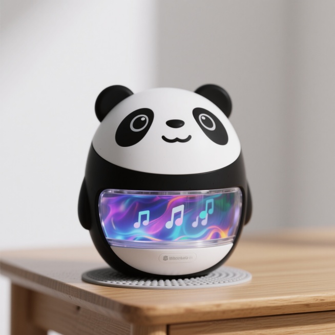 以成都熊猫为外形主体的磁流体蓝牙音响，熊猫造型圆润可爱，黑白毛色分明，耳朵圆润，眼睛大而有神，腹部嵌入透明亚克力材质的磁流体容器，内部磁流体随音乐流动呈现动态色彩变化，音响整体线条流畅，底部有防滑硅胶预览效果