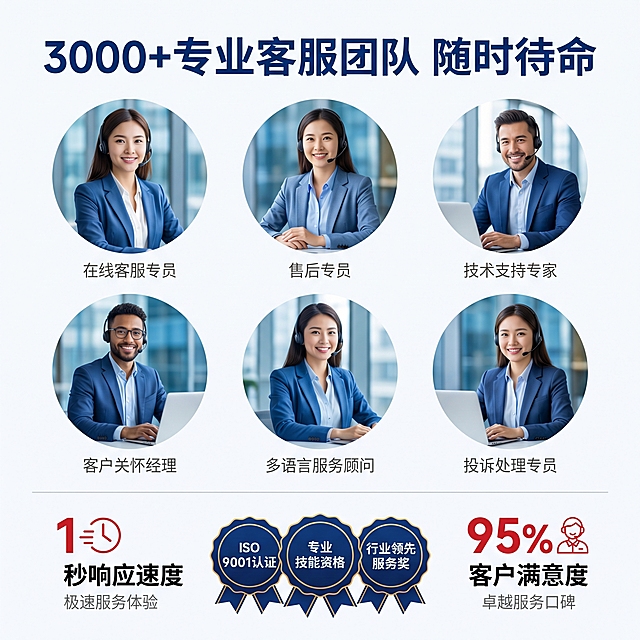 [主图 3] 客服外包专业团队实力信任背书图，延续蓝色高端商务风格。
[氛围风格] 专业可靠，团队协作，统一蓝色商务氛围。
[画面元素] 商业摄影质感，光线柔和通透，产品清晰真实，画面干净高级。画面上方展示3×2专业客服团队头像阵列，统一使用图三的职业客服形象，每位客服头像下方标注岗位头衔，如"在线客服专员"、"售后专员"等。头像下方为团队数据认证区域，展示资质徽章和核心数据。
[配色色系] 主色调深蓝色，白色背景，浅灰色分割线，红色点缀数据数字。
[视角构图] 上下结构排版，上部分团队展示，下部分认证数据，整体均衡饱满。
[文字版式] 顶部深蓝色粗体大标题 "3000+专业客服团队 随时待命"，头像下方使用灰色小字标注岗位，底部数据区域使用大号红色数字搭配黑色说明文字，清晰展示"秒响应速度"、"95%客户满意度"等核心信任数据。
[比例分辨率] 1:1 比例，2k 分辨率；文字清晰可辨，超高清。
[负向提示词]变形，水印，文字错乱，图像模糊，背景杂乱，人脸变形