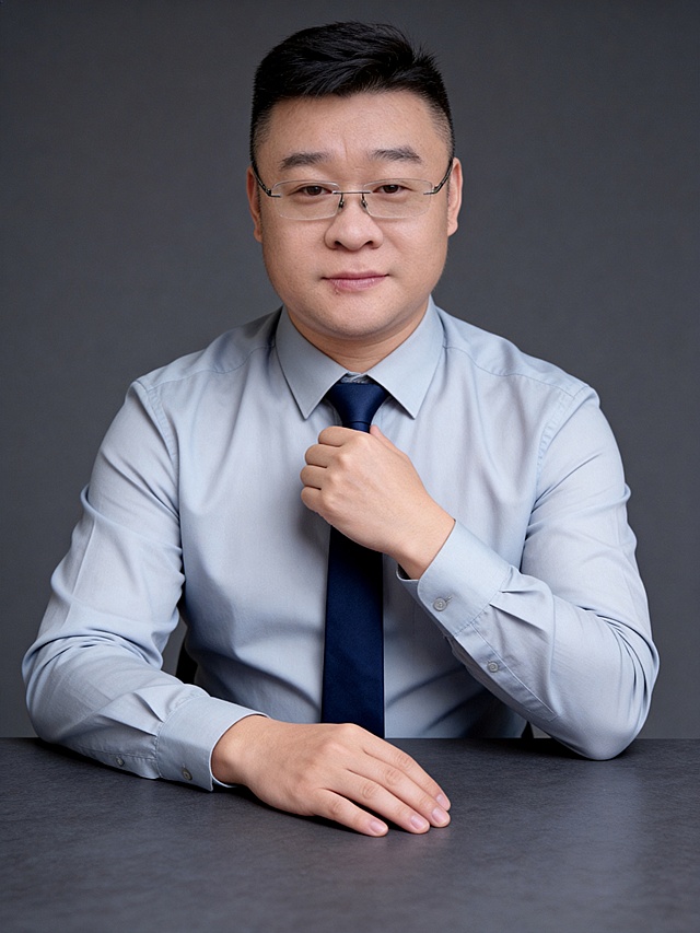 参考第一张图保留人物脸型､发型､年龄等特征生成职场形象照,参考第二张图人物占位和比例,标准焦段50mm,f/4光圈(f/2.8-f/4区间),平视视角(镜头与人物视线齐平);人物占画面70%,人物居中(居中构图),位于画面中心,为视觉聚焦点,入境范围头部及以下至臀部下方10cm(半身像);左右留少量背景空间;头部与画面顶部保留5%空间;头部发型完整,头肩比例协调;身穿淡浅灰蓝高支精梳棉商务长袖衬衫(面料细腻带轻微柔光质感,垂坠感自然),搭配藏深蓝色纯色领带(带低调缎面微微呈光泽感),着装正式干练;正式严谨专业稳重,身形匀称,姿态端正｡坐于深灰色桌面后,左手自然平放在深灰色桌面上(手掌自然伸展,掌心贴桌),右手抬起呈握拳状(靠近领带位置),手肘撑于桌面,结构准确｡肢体自然,自信从容;发梢微微修整,干练大气,背景光线均匀柔和,强化色彩对比的高级感｡简约冷调深灰色纯色背景+深灰色桌面(呈现均匀柔和质感),极简干净;32k画质超高分辨率､细节清晰,现代精致感风格;肤质精细化处理;眼神直视镜头,目光坚定且澄澈,表情自然｡嘴角上扬;面部光比1:1.5,4800k中性光,微微修饰脸型,肤质哑光细腻,面部雾面柔光,轻透裸肌感,真实毛孔纹理,32k画质,去除人物之外的所有元素｡严格按照第一张图内容生成｡